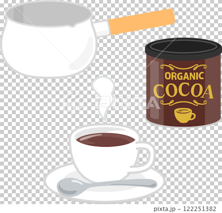 缶入りのココアパウダーとティーカップと小鍋 122251382