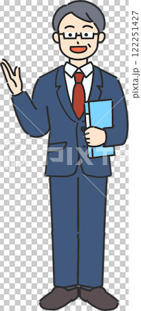 A full-body illustration of a veteran businessman/teacher guiding with a file A full-body illustration of a veteran businessman/teacher guiding with a file 122251427