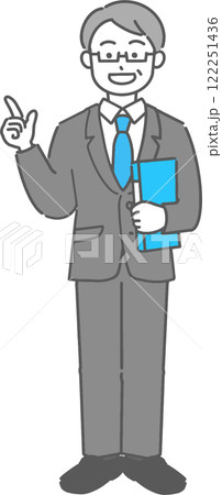 ファイルを持って指差しするベテランのビジネスマン/先生の全身イラスト ファイルを持って指差しするベテランのビジネスマン/先生の全身イラスト 122251436