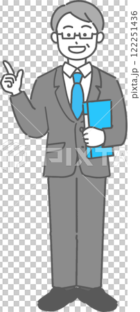 ファイルを持って指差しするベテランのビジネスマン/先生の全身イラスト ファイルを持って指差しするベテランのビジネスマン/先生の全身イラスト 122251436