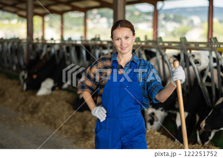 Adult woman working with cows on farm Adult woman working with cows on farm 122251752