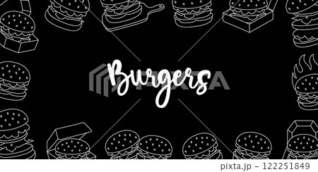 Burger horizontal banner. Beef burger, hamburger, veggie burger, cheeseburger. Vector illustration. 122251849