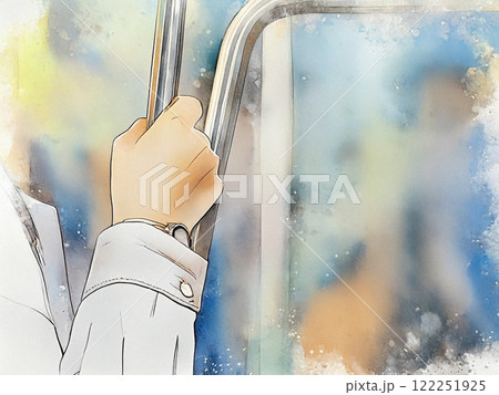 電車の中で手すりをつかむ水彩画 122251925