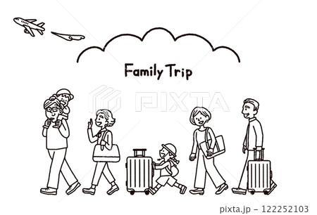 三世代　家族　旅行　飛行機　手書き　イラスト　モノクロ 122252103
