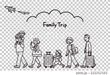 三世代　家族　旅行　飛行機　手書き　イラスト　モノクロ 122252103