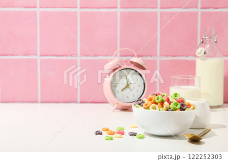 Colorful cornflakes, concept of tasty breakfast, morning food, space for text 122252303