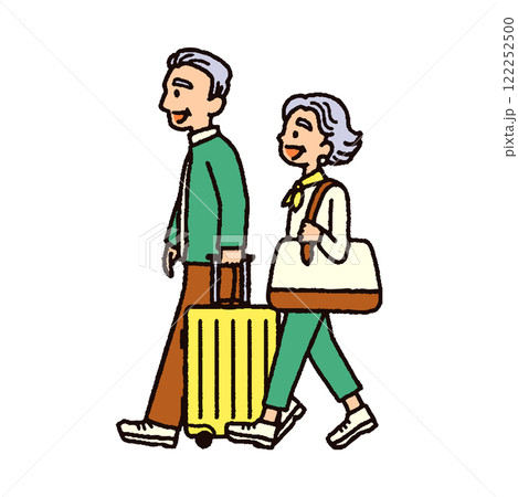 スーツケースを持って旅行に向かうシニアのイラスト　夫婦 122252500