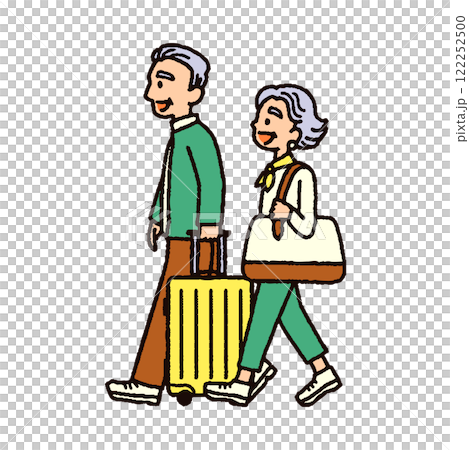 スーツケースを持って旅行に向かうシニアのイラスト　夫婦 122252500