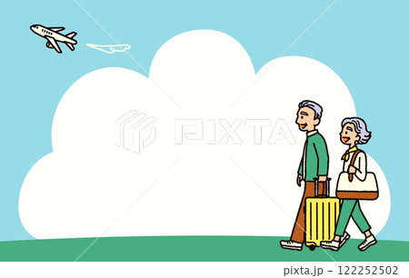 シニア　夫婦　旅行　飛行機　背景　イラスト 122252502