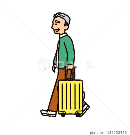 スーツケースを持って旅行に向かうおしゃれな服装のシニアのイラスト 122252556