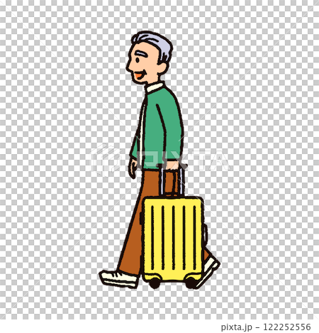 スーツケースを持って旅行に向かうおしゃれな服装のシニアのイラスト 122252556