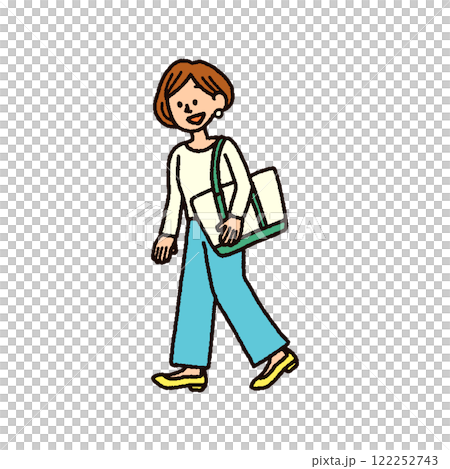 Illustration of a woman in casual clothes walking with a bag Shopping 122252743