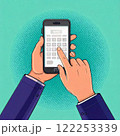 スマホを持つ手とスマホの画面をタップするイラスト 122253339