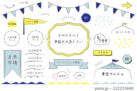 マルシェやイベントに使えるあしらいセット。手描きの装飾。タイトルや見出しに使えるフレームとあしらい。 122253690