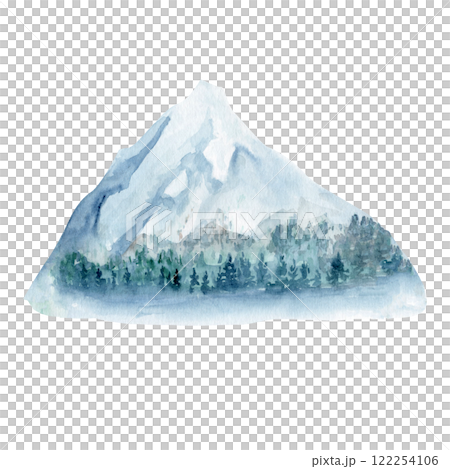 Snowy mountain with spruce trees at the bottom watercolor illustration isolated on white. Hand painted design element perfect for climbing, landscape, travel, hiking products decor, for cards, guides 122254106