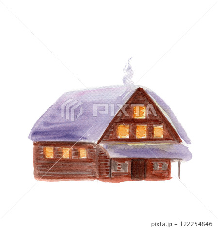 Log house with snow on the roof top and smoke isolated on white background. High quality architecture watercolor illustration perfect for cards, as a landscape element. Cute cozy decorative residence 122254846