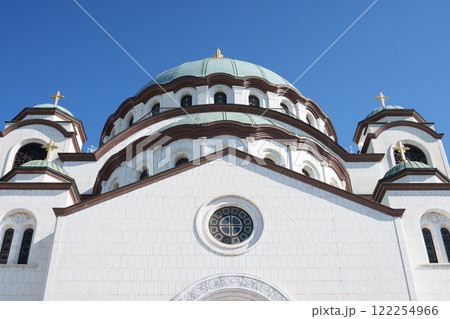 Belgrade, Serbia- 10162024: The Temple Of Saint Sava outdoor interior, people pray in an Orthodox church, frescoes on the ceilings and walls of the church Belgrade, Serbia- 10162024: The Temple Of Saint Sava outdoor interior, people pray in an Orthodox church, frescoes on the ceilings and walls of the church 122254966