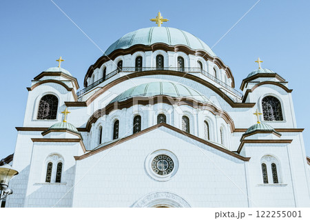Belgrade, Serbia- 10162024: The Temple Of Saint Sava outdoor interior, people pray in an Orthodox church, frescoes on the ceilings and walls of the church 122255001