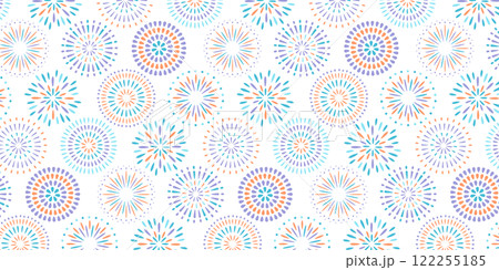花火のシームレスパターン。カラフルで華やかな打ち上げ花火模様の背景素材。 花火のシームレスパターン。カラフルで華やかな打ち上げ花火模様の背景素材。 122255185