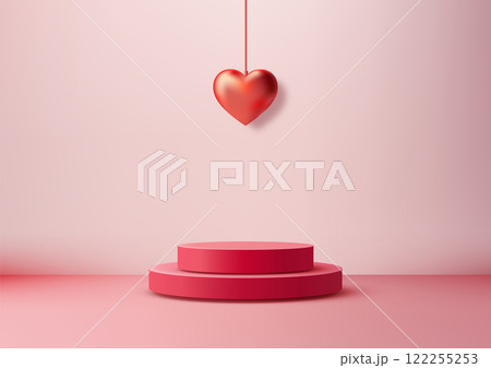 Valentines Day Mockup with 3D Red Podium and Heart Balloon on Pink Romantic Background 122255253