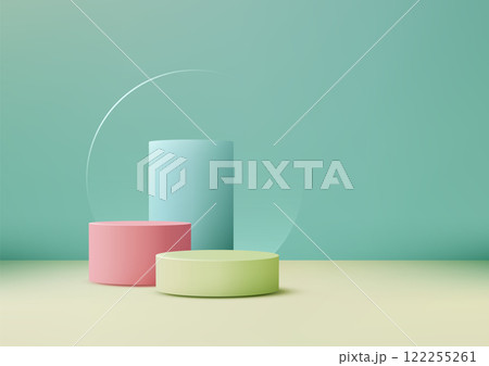 3D Pastel Cylinders in Pink, Green, and Blue on a Light Yellow Surface with Mint Green Backdrop and Transparent Glass Arc for Minimalist Product Display 3D Pastel Cylinders in Pink, Green, and Blue on a Light Yellow Surface with Mint Green Backdrop and Transparent Glass Arc for Minimalist Product Display 122255261