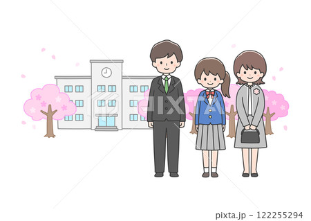 入学式 校舎の前に立つ女子学生と両親 入学式 校舎の前に立つ女子学生と両親 122255294