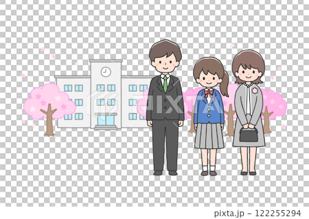 入學典禮：女學生和家長站在教學大樓前 122255294