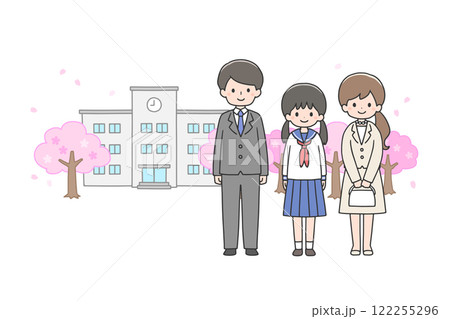 入学式　校舎の前に立つ女子学生と両親 122255296