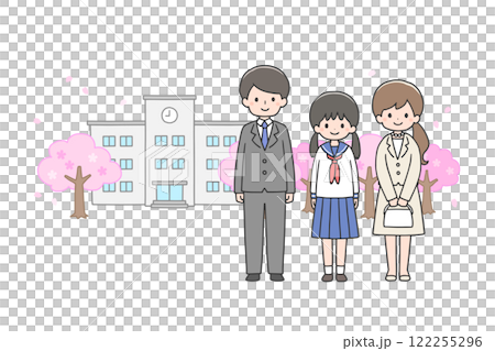 入学式　校舎の前に立つ女子学生と両親 122255296