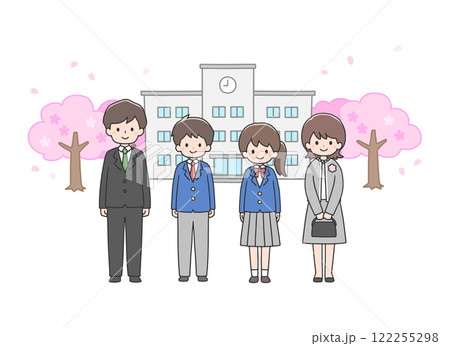 入学式　校舎の前に立つ学生たちと両親 122255298