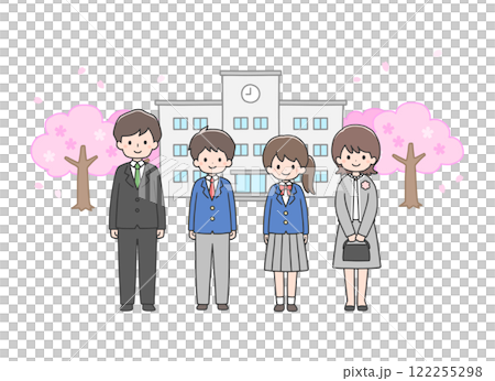 入学式　校舎の前に立つ学生たちと両親 122255298