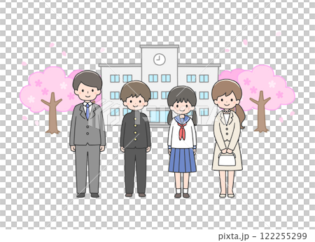 Entrance ceremony: Students and parents standing in front of the school building 122255299