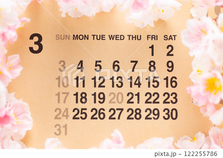 3月のカレンダーと桜 122255786