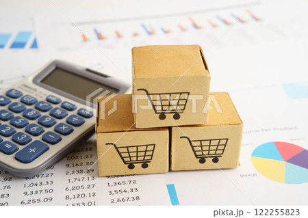 Online shopping, Shopping cart box on calculator, import export, finance commerce. 122255823