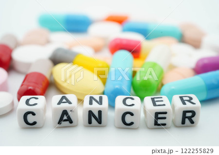 Cancer word with pills and capsules medical drug. Cancer word with pills and capsules medical drug. 122255829