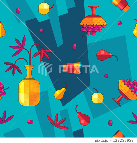 Still life seamless pattern, bright colored cartoon flat vector illustration. Still life seamless pattern, bright colored cartoon flat vector illustration. 122255958