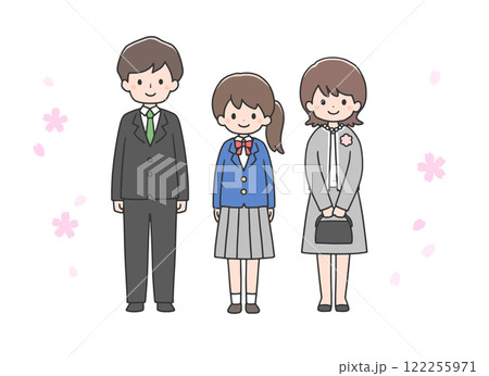 入学式　並んで立つ女子学生と両親 122255971