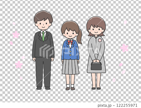 入学式　並んで立つ女子学生と両親 122255971
