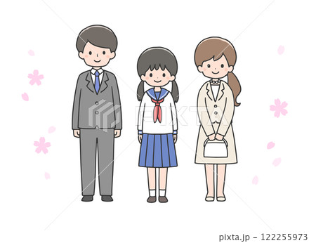 入学式　並んで立つ女子学生と両親 122255973