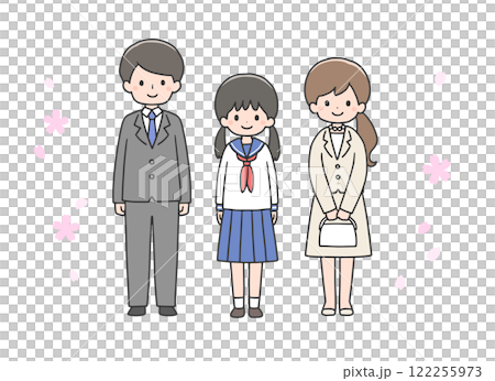 入学式　並んで立つ女子学生と両親 122255973