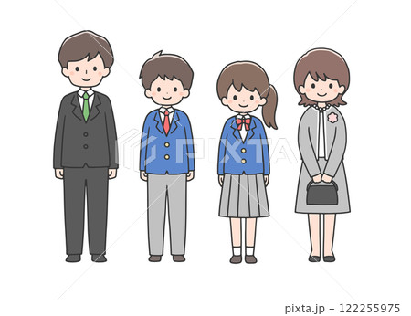 入学式　並んで立つ学生たちと両親 122255975