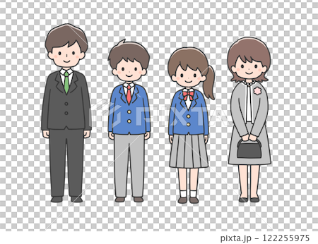 入学式　並んで立つ学生たちと両親 122255975