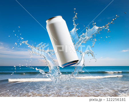 海の背景で白い缶に水が当たる様子 海の背景で白い缶に水が当たる様子 122256181