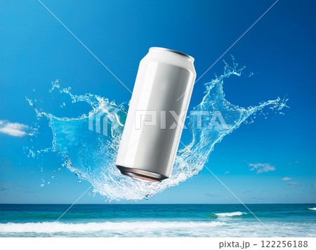 海の背景で白い缶に水が当たる様子 海の背景で白い缶に水が当たる様子 122256188