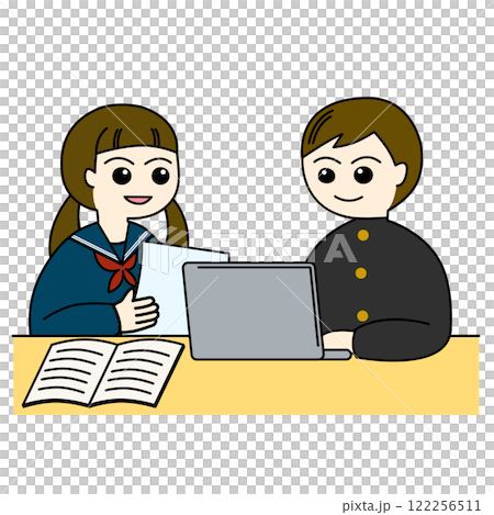 ノートパソコンを使いミーティングする男子と女子 122256511
