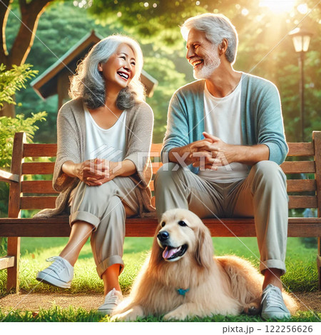 夫婦と公園で日向ぼっこする犬 122256626