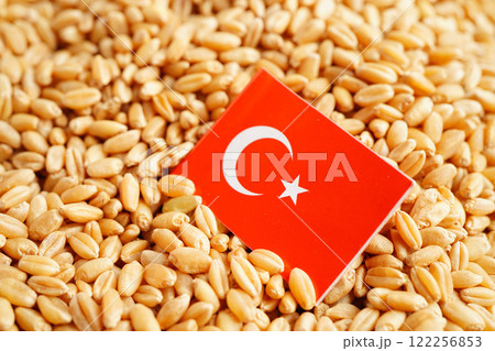 Turkey flag on grain wheat, trade export and economy. Turkey flag on grain wheat, trade export and economy. 122256853