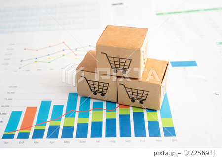 Online shopping, Shopping cart box on business graph, import export, finance commerce. Online shopping, Shopping cart box on business graph, import export, finance commerce. 122256911