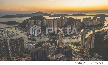 Modern Cityscape Overlooking Marina at Sunset With Urban, HK Jan 12 2021 122257216