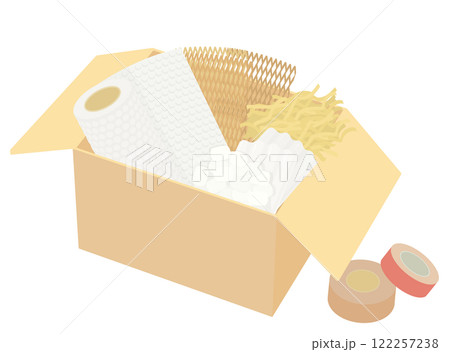 様々な緩衝材とダンボール箱のイラスト 様々な緩衝材とダンボール箱のイラスト 122257238